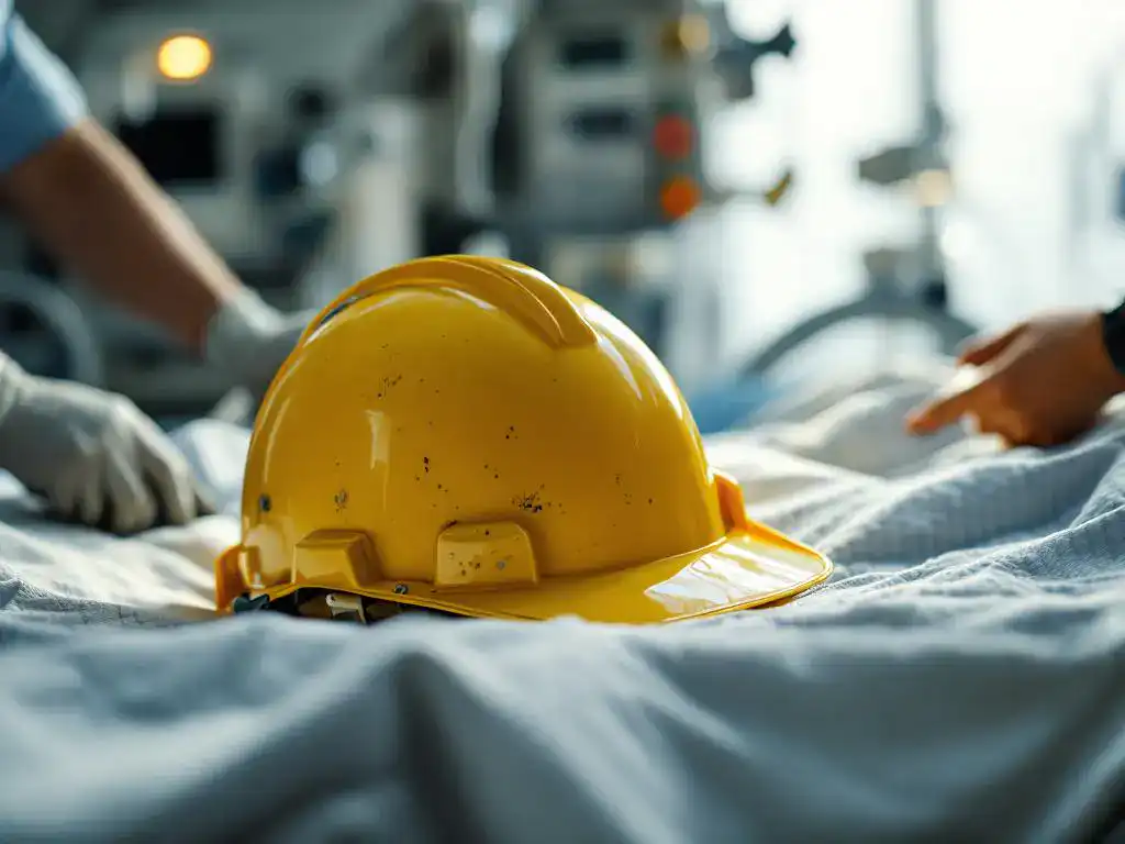 Casco amarillo de construcción sobre camilla de hospital en sala de emergencias con equipo médico al fondo