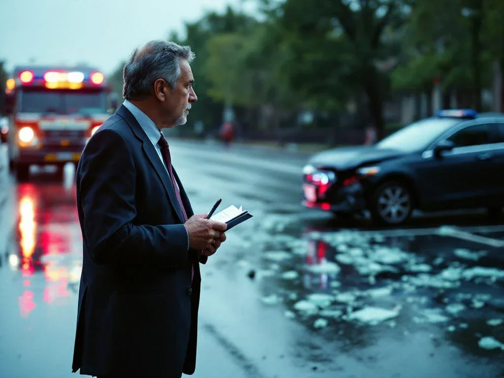 Business professional with notebook interviewing at car accident scene with emergency lights and debris on wet road.