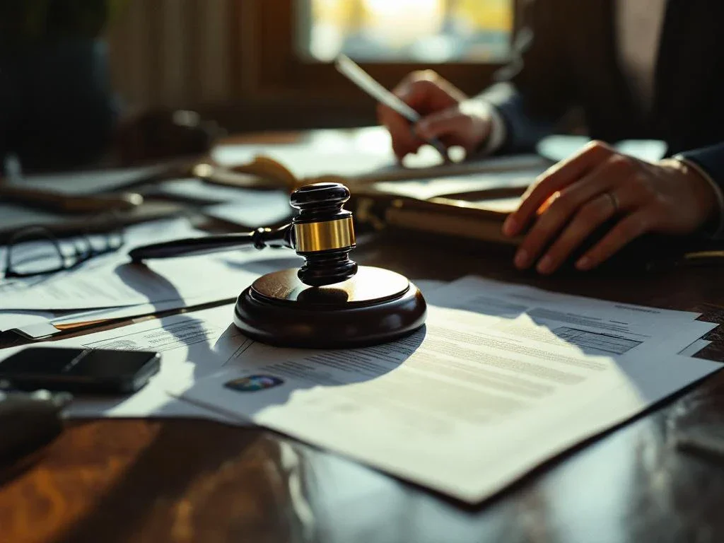 Black gavel on attorney's desk with open briefcase containing accident documents and medical reports in golden light.