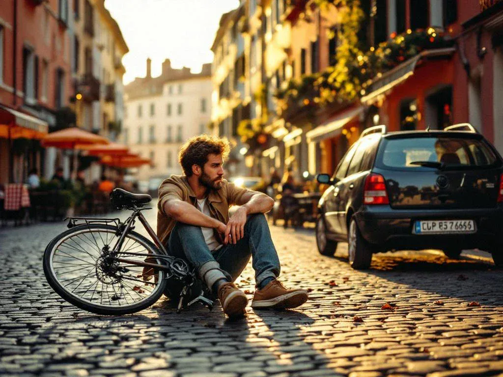 Injured cyclist sits on cobblestone street holding leg next to damaged bike and dented rental car in European city