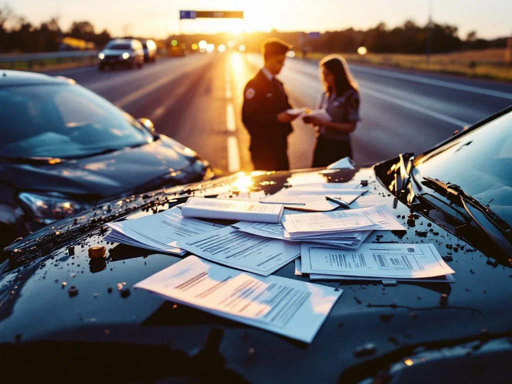 Damaged sedan with foreign plates at border checkpoint as officials examine scattered insurance and accident documents