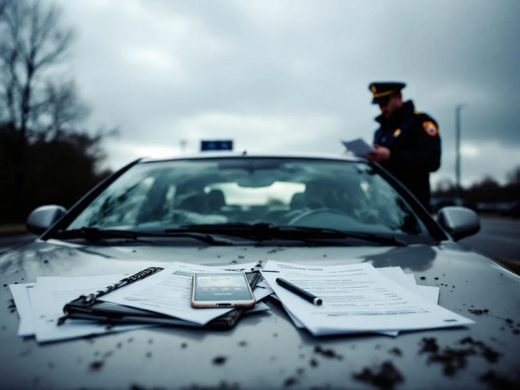 Damaged car at European border checkpoint with scattered documents and passports on hood, border official reviewing paperwork