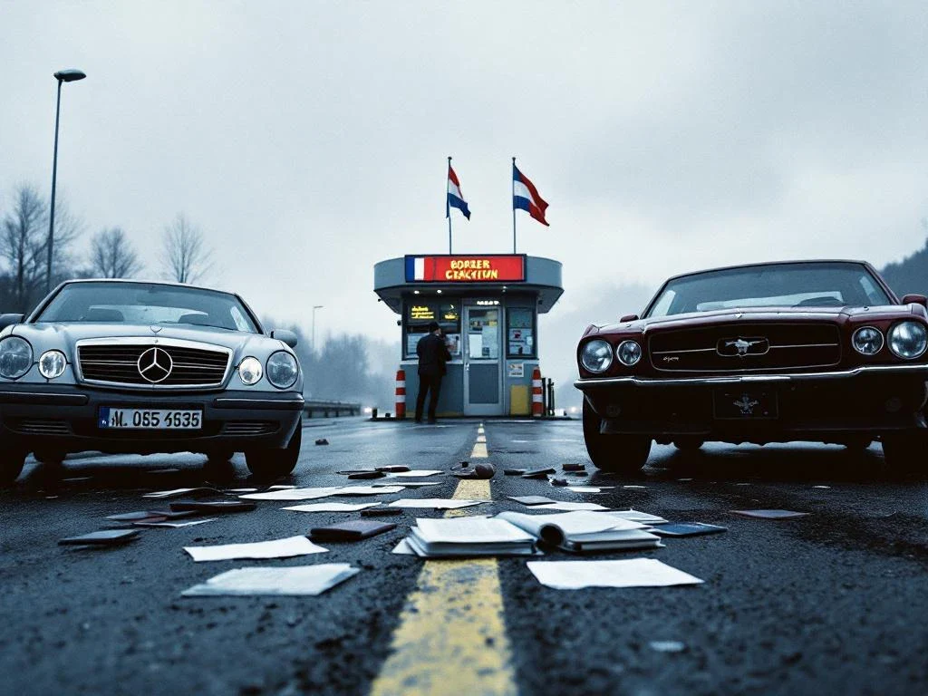 Car accident at international border crossing with scattered passports and documents, checkpoint booth and flags visible in background.