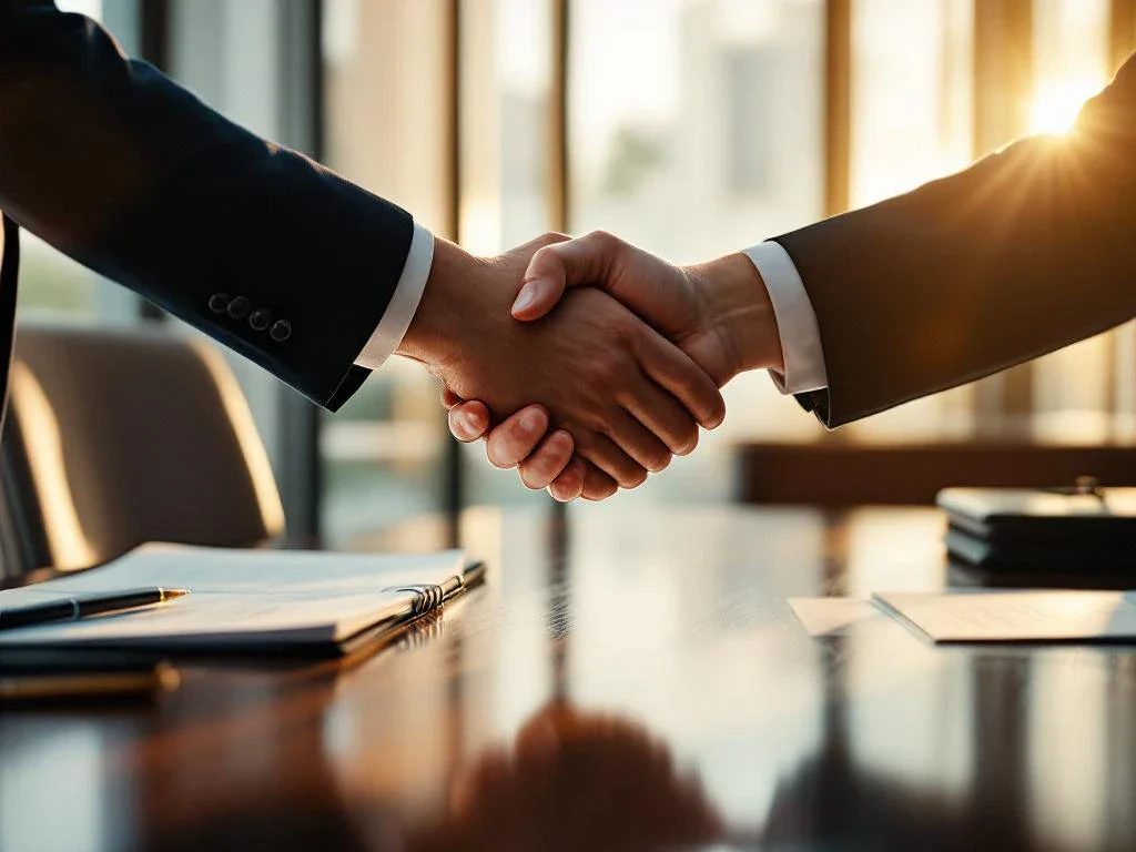 Professional business handshake between two people in suits at conference table with briefcase and legal documents