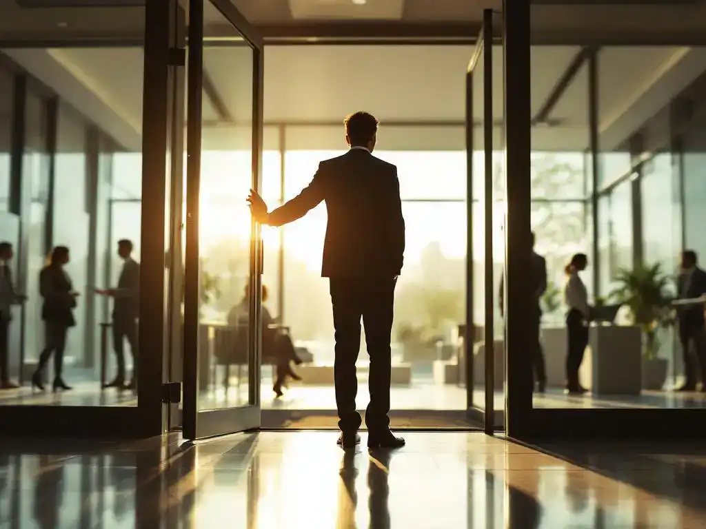 Business professional hesitating at office building entrance, hand reaching for glass door handle in morning sunlight