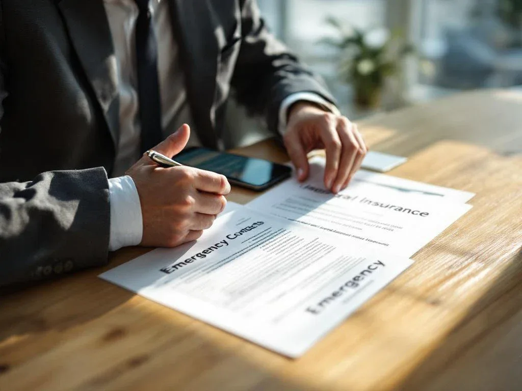 Business professional reviewing legal documents and insurance papers at wooden desk with smartphone showing emergency contacts nearby.