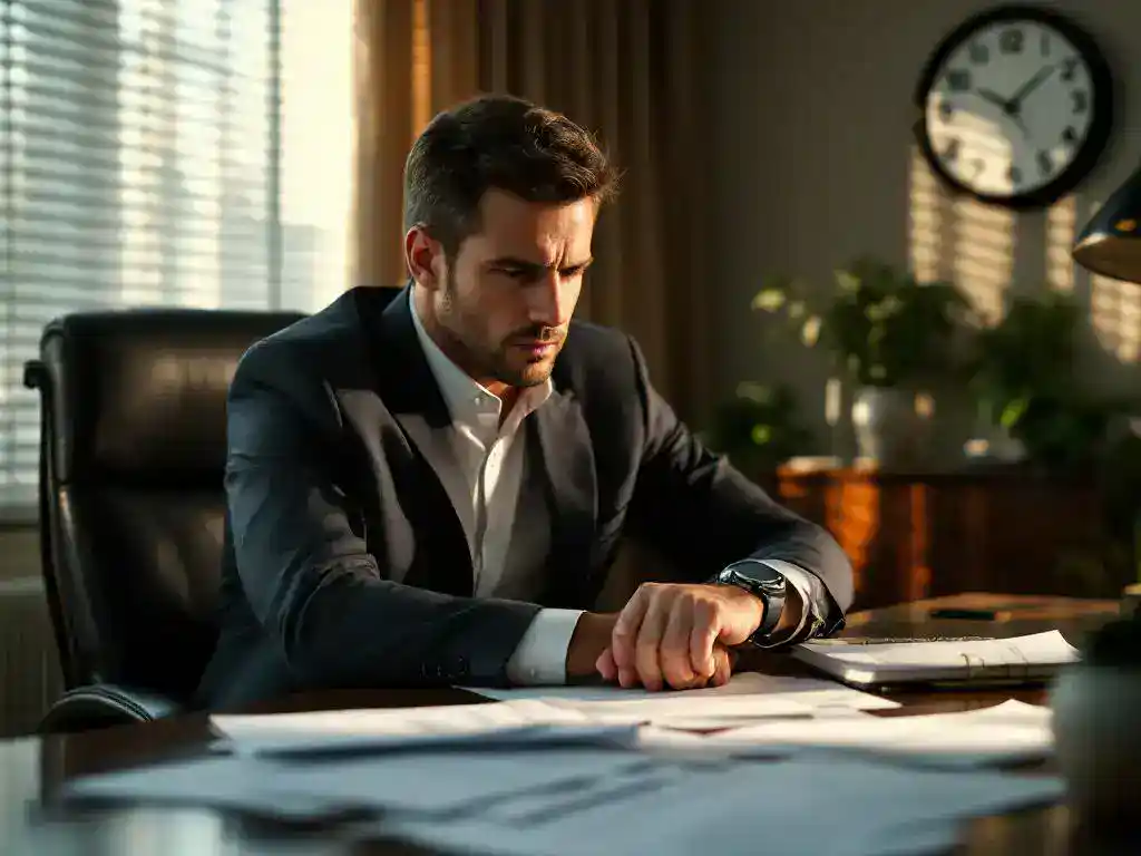 Businessman in suit checking watch with concerned expression while reviewing workers' compensation paperwork at wooden desk.
