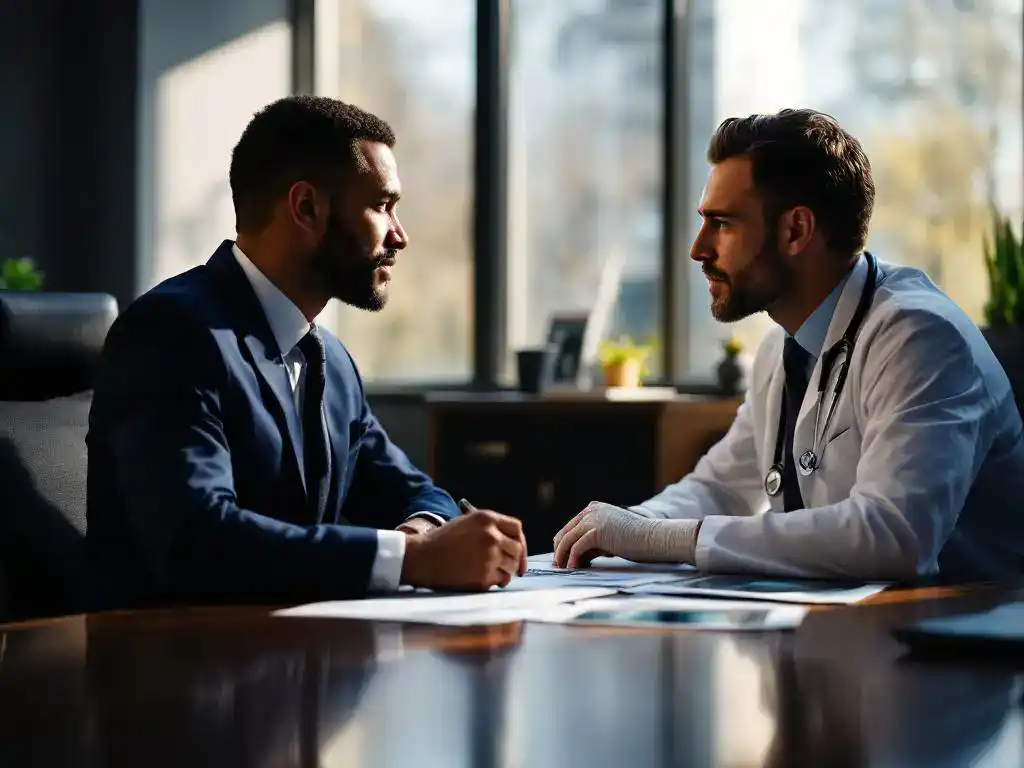 Businessman with bandaged hand consulting doctor at desk with medical documents and X-rays during office visit