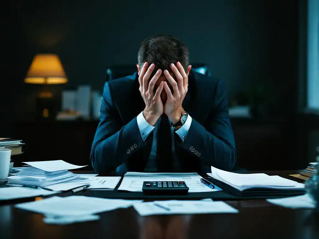Stressed businessman with head in hands at desk covered with financial documents and calculator showing large numbers