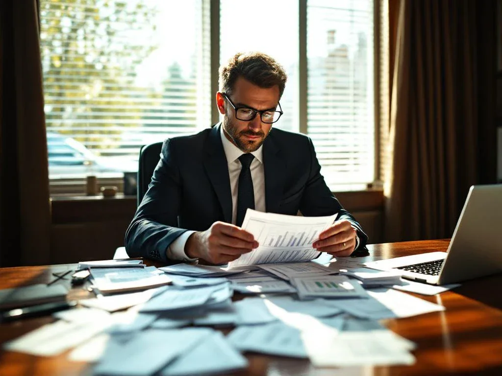 Businessman organizing financial documents and pay stubs at desk with laptop displaying spreadsheet data, damaged car visible outside