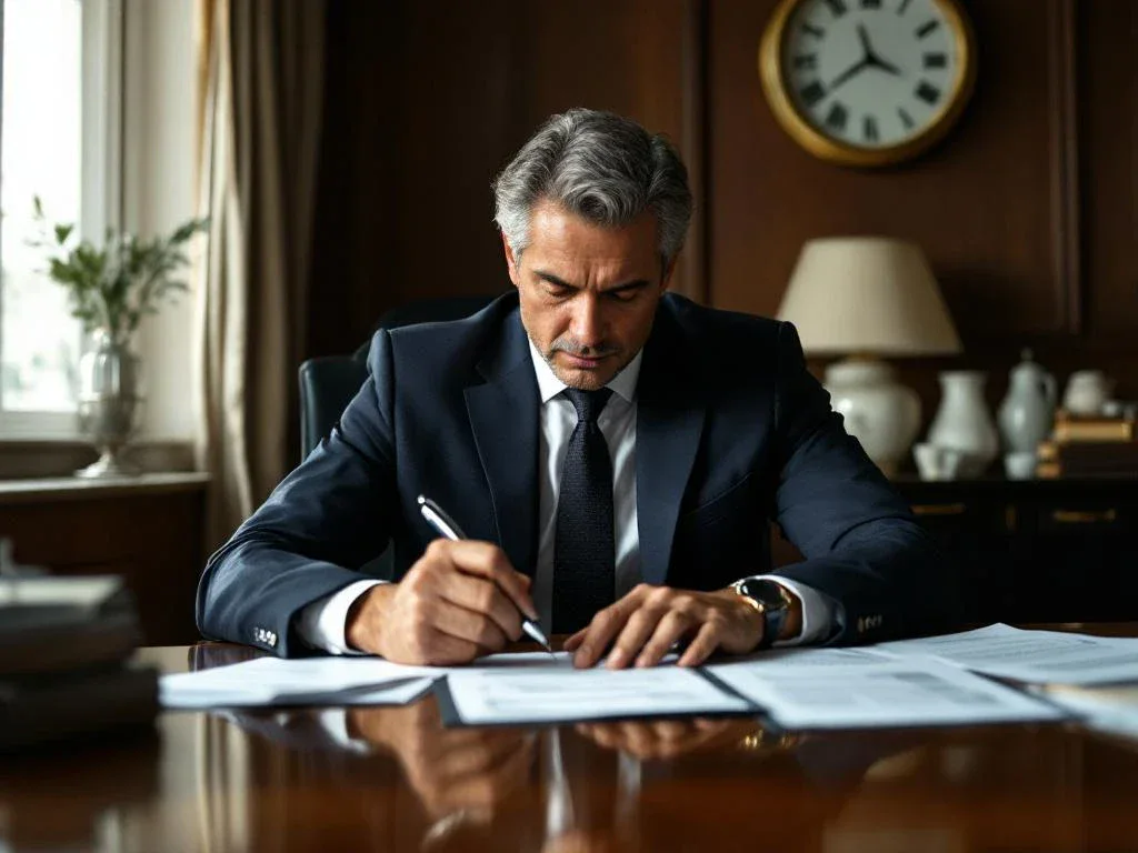 Businessman in suit reviewing insurance documents and legal papers at mahogany desk with pen in hand