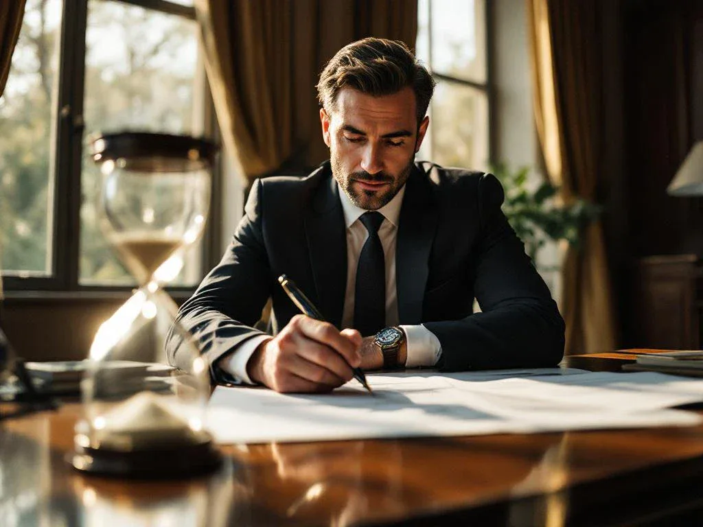 Businessman in suit reviewing legal documents at mahogany desk with hourglass in foreground, warm sunlight through windows.