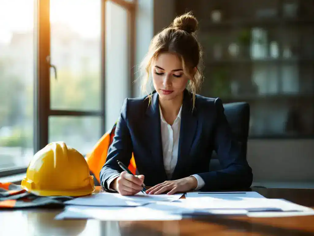 Professional businesswoman in navy suit reviewing insurance documents at conference table with hard hat nearby