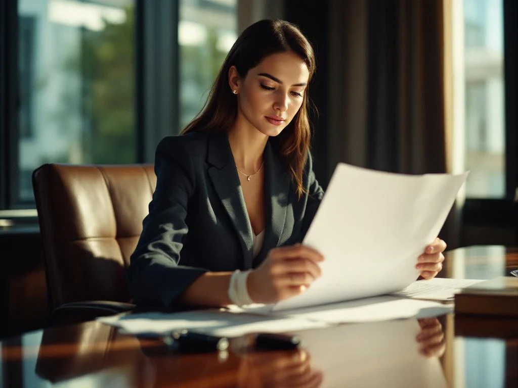 Professional businesswoman in suit reviewing legal documents at conference table with bandaged wrist and car keys visible