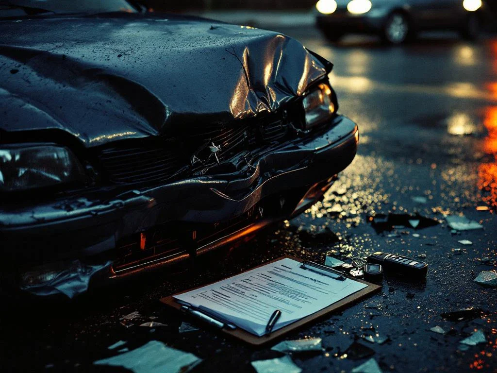 Damaged car with crumpled bumper and deployed airbag at intersection, insurance paperwork on hood with scattered glass