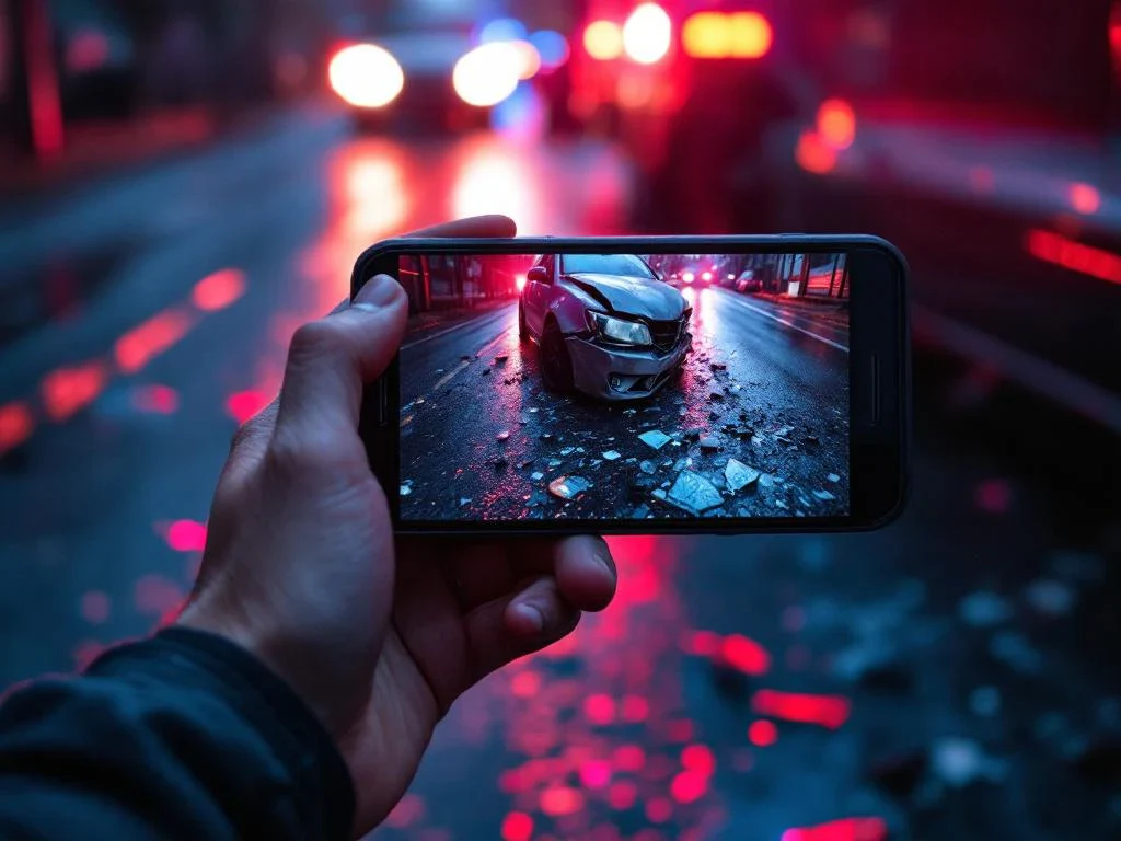 Person holding smartphone to photograph car accident damage with scattered glass on wet road, emergency lights visible
