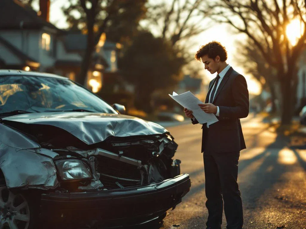 Damaged car with crumpled bumper next to person in business suit holding neck and examining legal documents on street