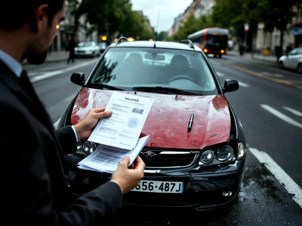 Damaged car with Belgian plates at urban intersection, professional driver reviewing insurance documents on hood