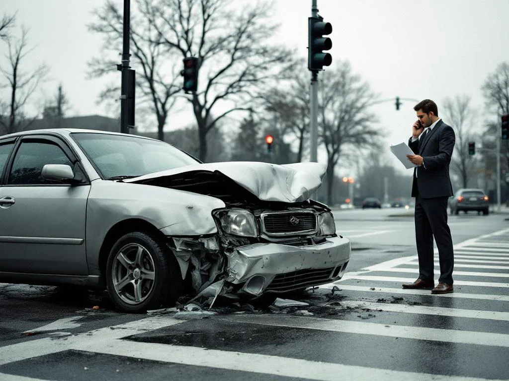 Person in business suit holding insurance documents by phone near damaged car with crumpled bumper at intersection