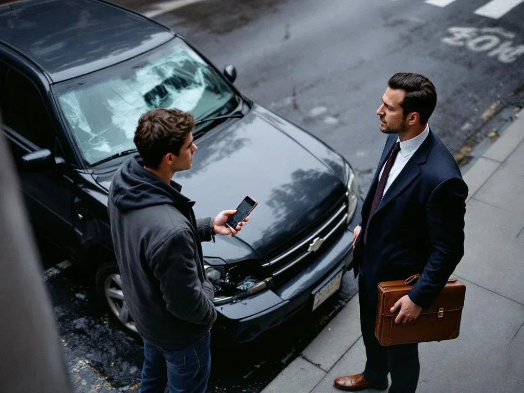 Two people discussing beside a damaged car with dented bumper and cracked headlight on urban street with crosswalk.