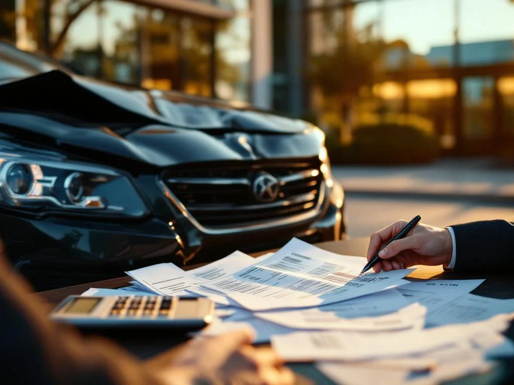 Person in business attire reviewing medical bills and insurance documents on damaged car hood outside law office building.