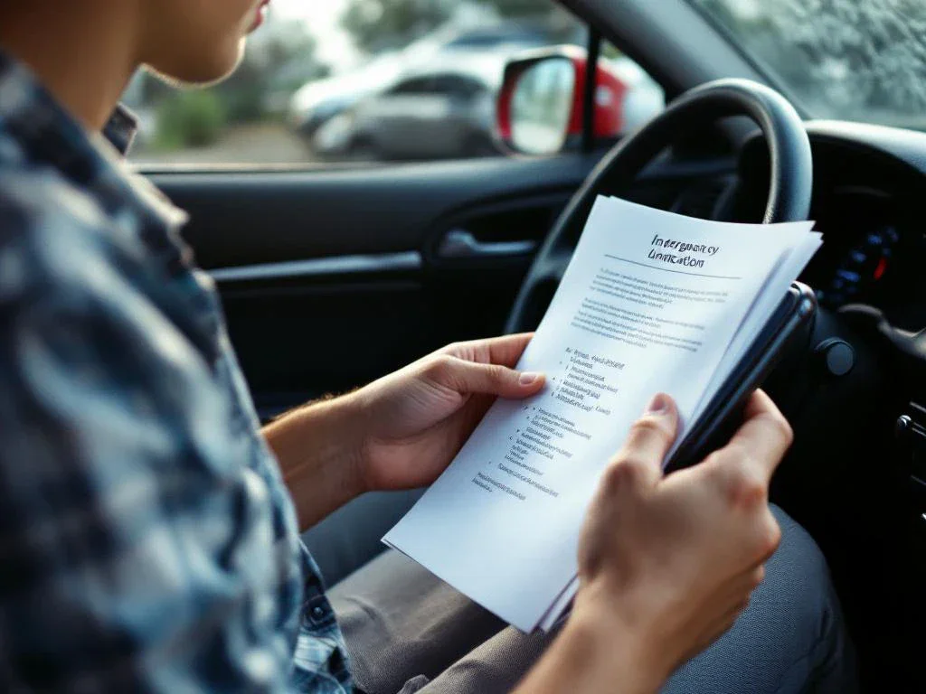 Driver holding smartphone and reaching for insurance documents in car with cracked windshield after minor accident