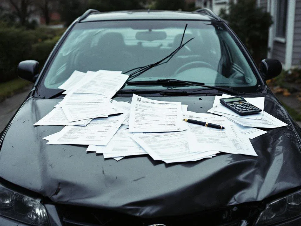 Damaged car with crumpled front bumper and insurance documents spread across hood with calculator for repair costs