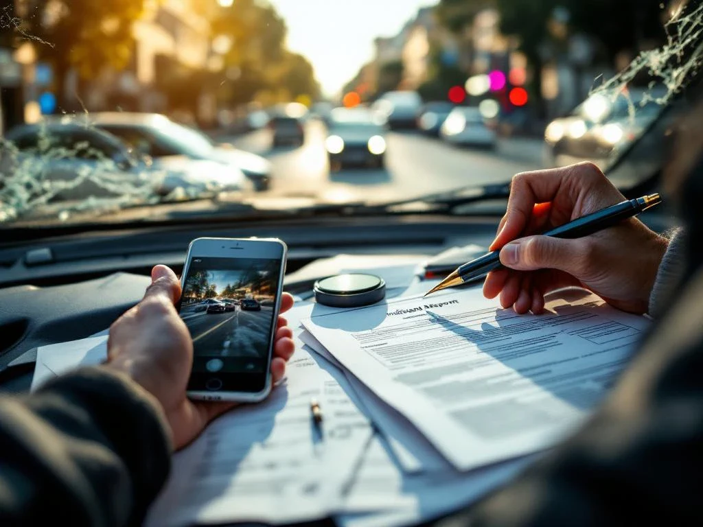 Person filling out car accident report form with smartphone showing crash photos and insurance papers in damaged vehicle