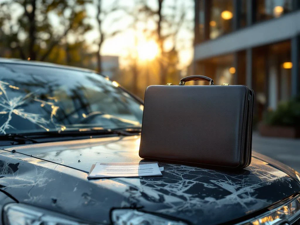 Damaged car with dent and cracked headlight outside law office, briefcase and legal documents on hood in golden sunlight