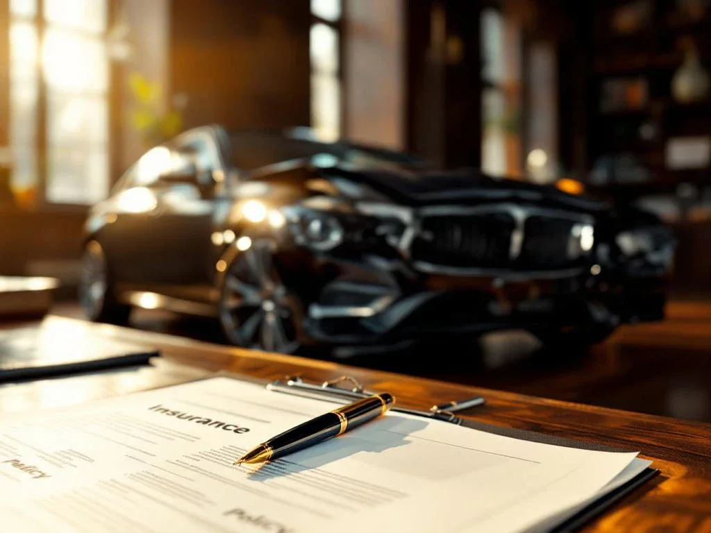 Damaged black sedan beside lawyer's desk with scattered insurance documents and legal papers in sunlit office