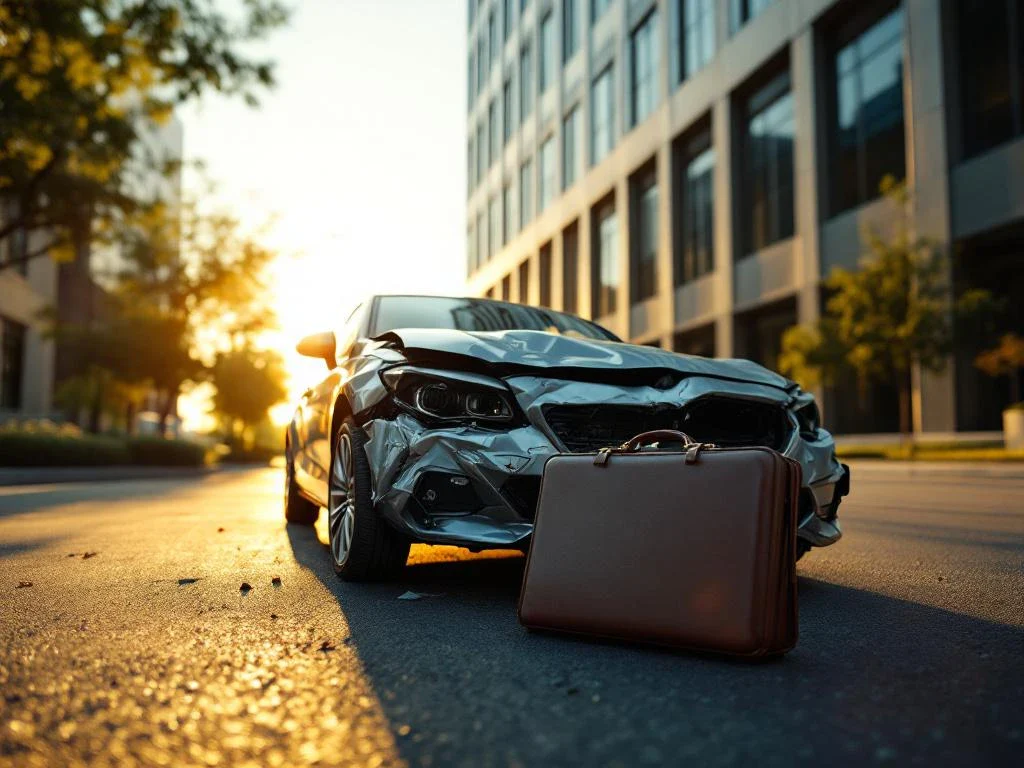 Damaged car with crumpled bumper and legal briefcase outside law office building in afternoon sunlight