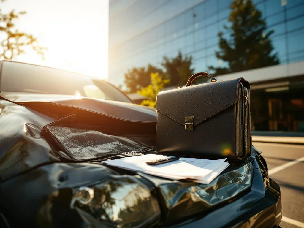 Damaged car with crumpled bumper and legal briefcase outside modern law office building in afternoon sunlight