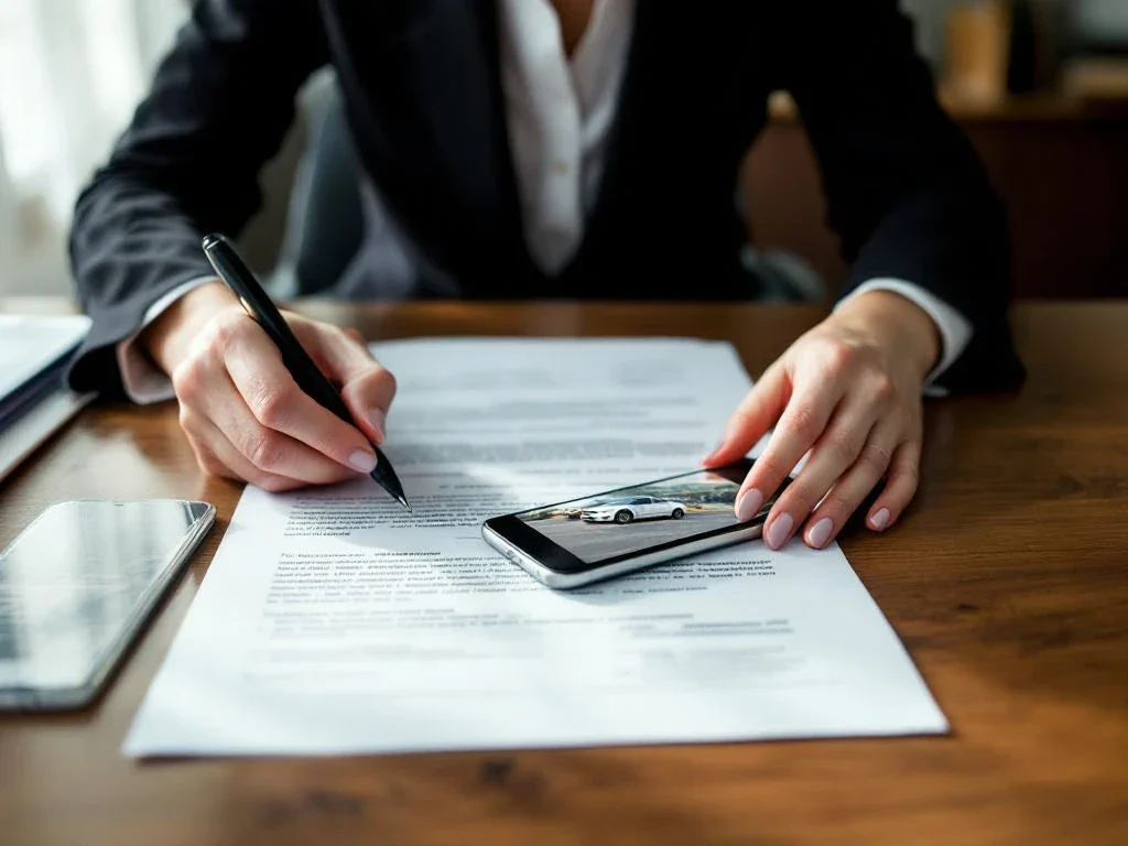 Professional woman in business suit reviewing legal documents at desk with smartphone showing car accident photo