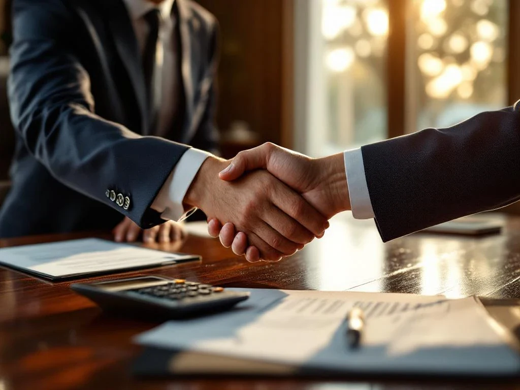 Lawyer in navy suit shaking hands with car accident client over settlement documents on office desk