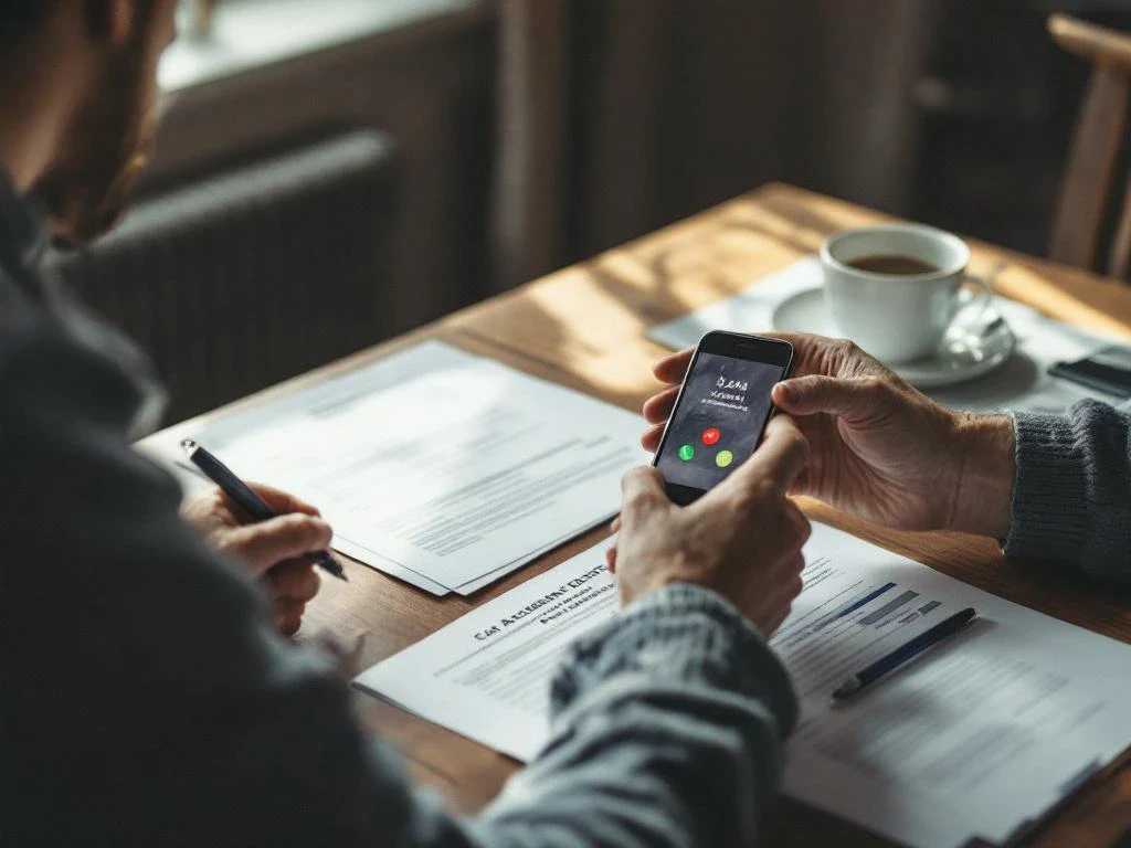 Person holding smartphone with unanswered call, sitting at table with scattered legal documents and car accident police report