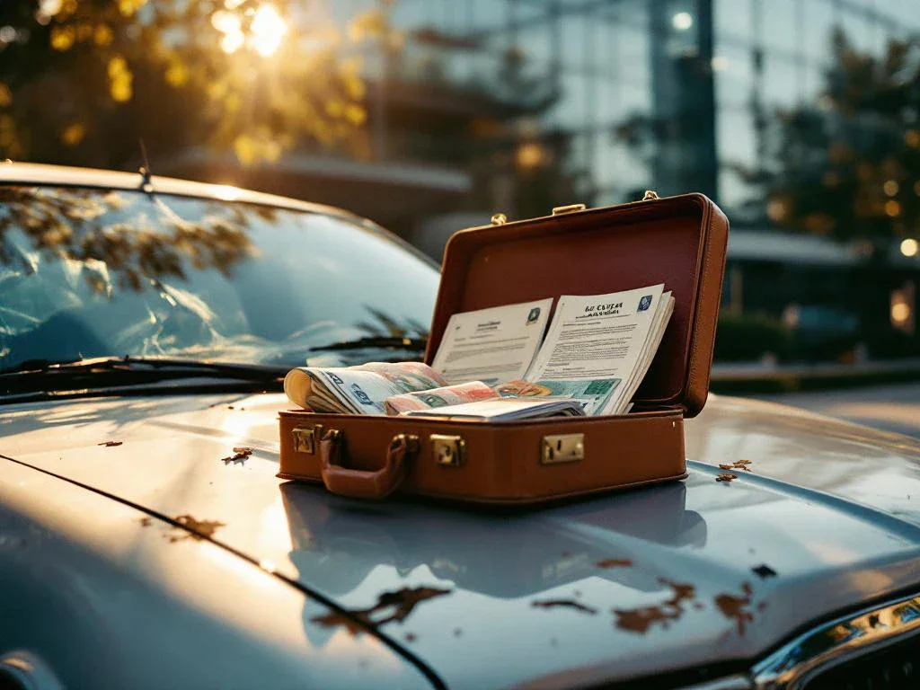 Damaged car with dented hood and cracked headlight outside courthouse, leather briefcase with currency and legal documents on hood