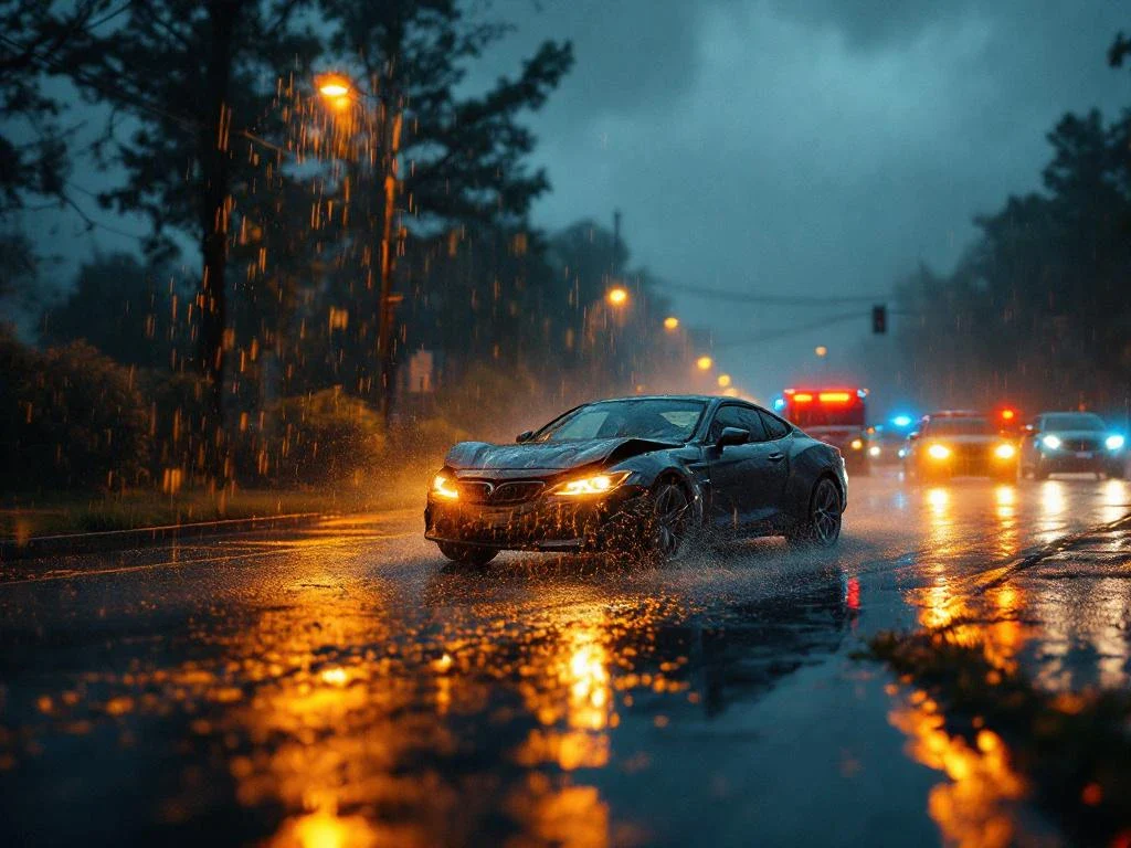 Damaged car at rainy intersection during dusk with emergency lights visible, wet roads reflecting streetlights in stormy weather