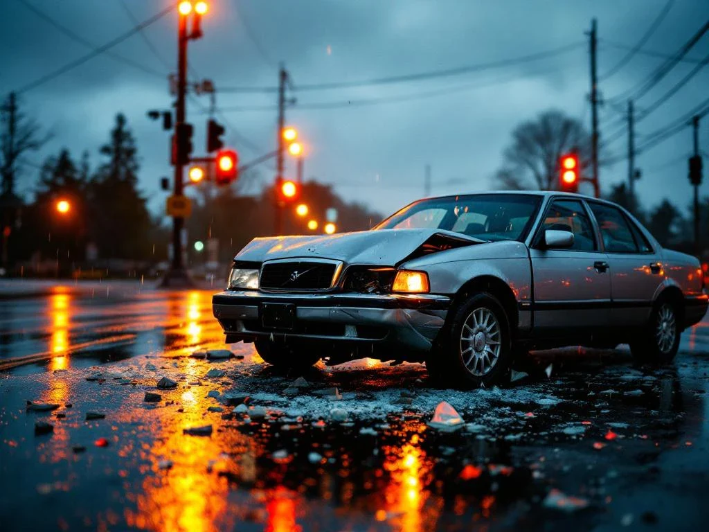 Silver sedan with damaged front end at intersection after car accident, broken glass on wet road with emergency lights