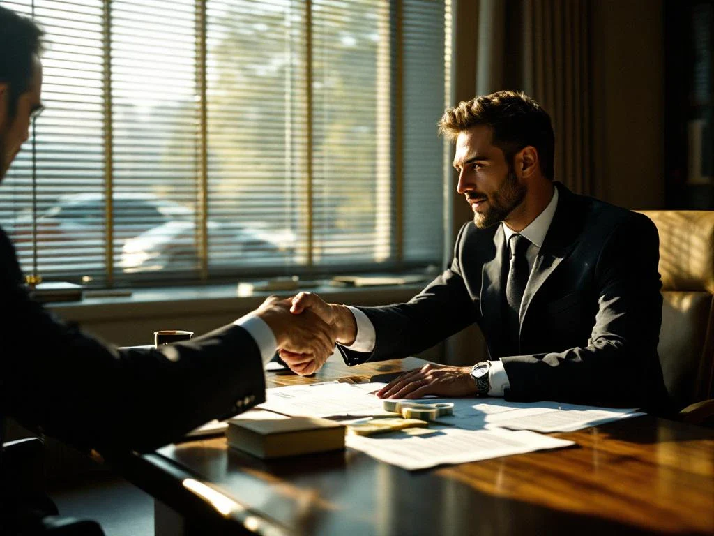 Businessman and lawyer shaking hands over compensation documents and Euro banknotes at office desk with damaged car visible outside