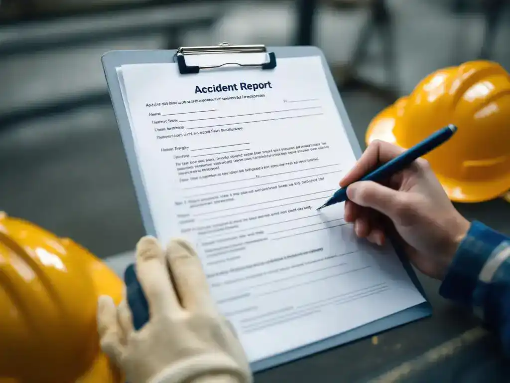 Construction worker filling out accident report form on clipboard with hard hat and safety gloves on workbench in industrial setting.