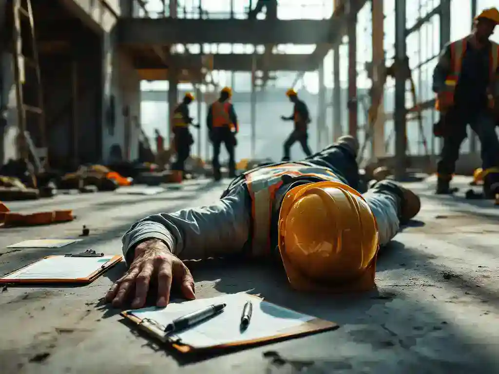 Construction worker on ground after scaffolding fall with hard hat nearby while coworkers rush to help at worksite
