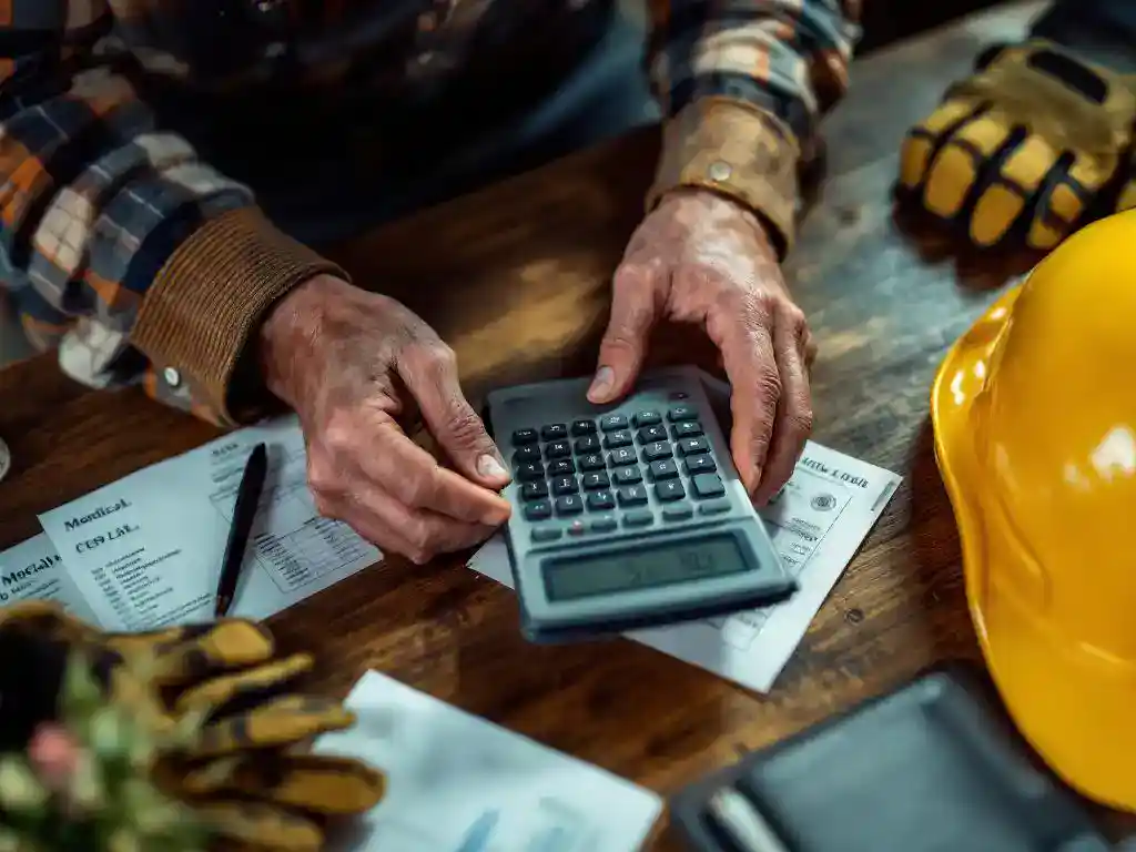 Construction worker's hands holding calculator with dollar amounts, medical bills and legal documents on desk with hard hat nearby