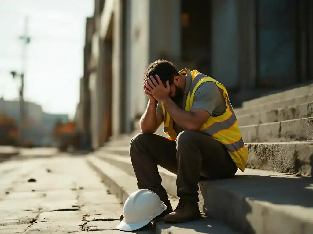 Construction worker sitting on concrete steps with head in hands, hard hat beside them, industrial building background.