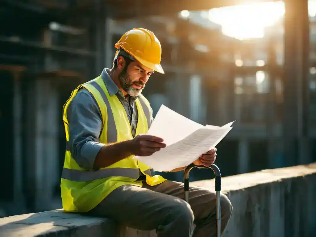Construction worker with hard hat and safety vest reviewing official documents while seated on concrete ledge at industrial worksite.