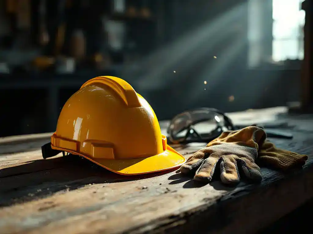 Yellow hard hat on wooden workbench with safety glasses and work gloves, industrial tools in background, dramatic lighting