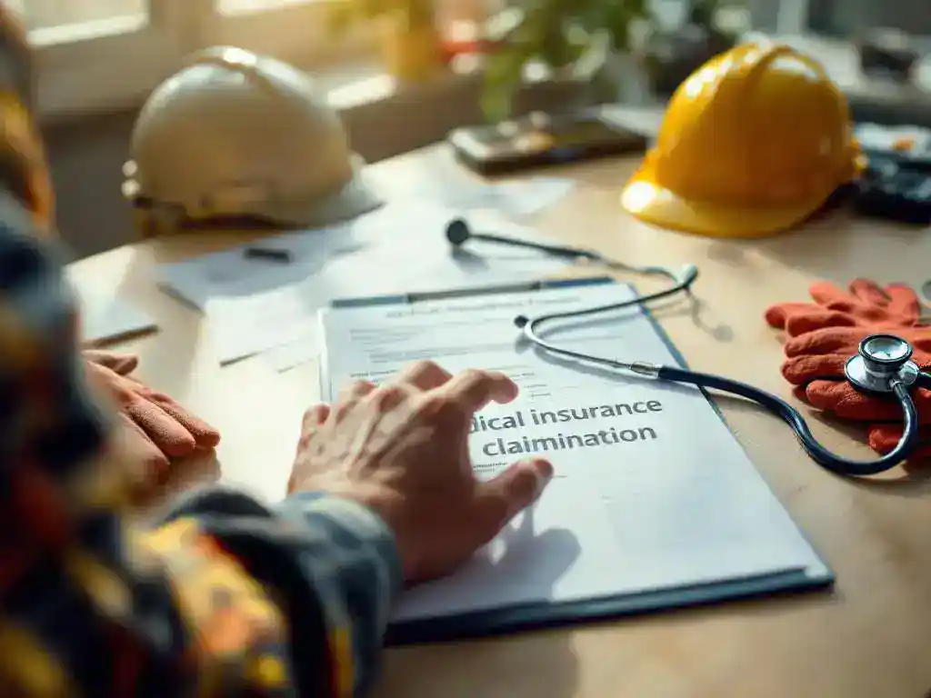 Construction worker reaching for medical insurance claim form on clipboard next to stethoscope and safety equipment on desk.