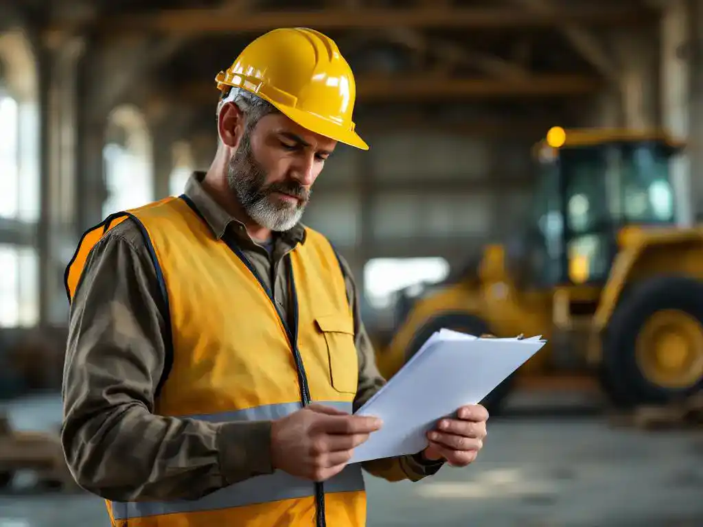 Construction worker in yellow hard hat and safety vest reviewing legal documents on clipboard next to heavy machinery in warehouse.
