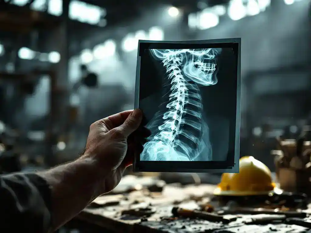 Construction worker's weathered hand holding spinal injury X-ray in industrial workplace with safety equipment and dramatic lighting.