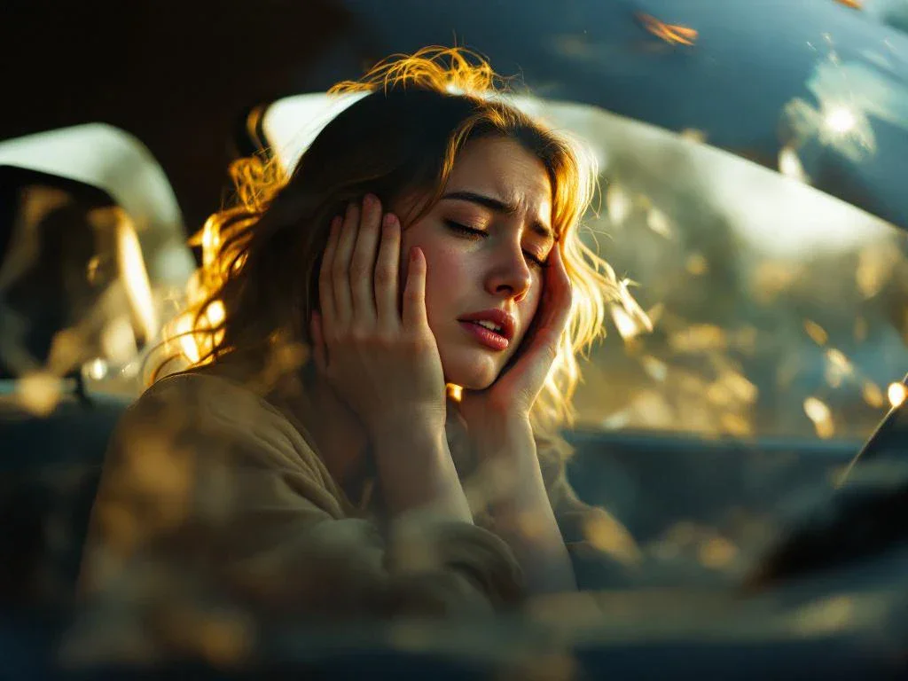 Person in distress holding head in hands while sitting in car with cracked windshield, golden hour sunlight filtering through.