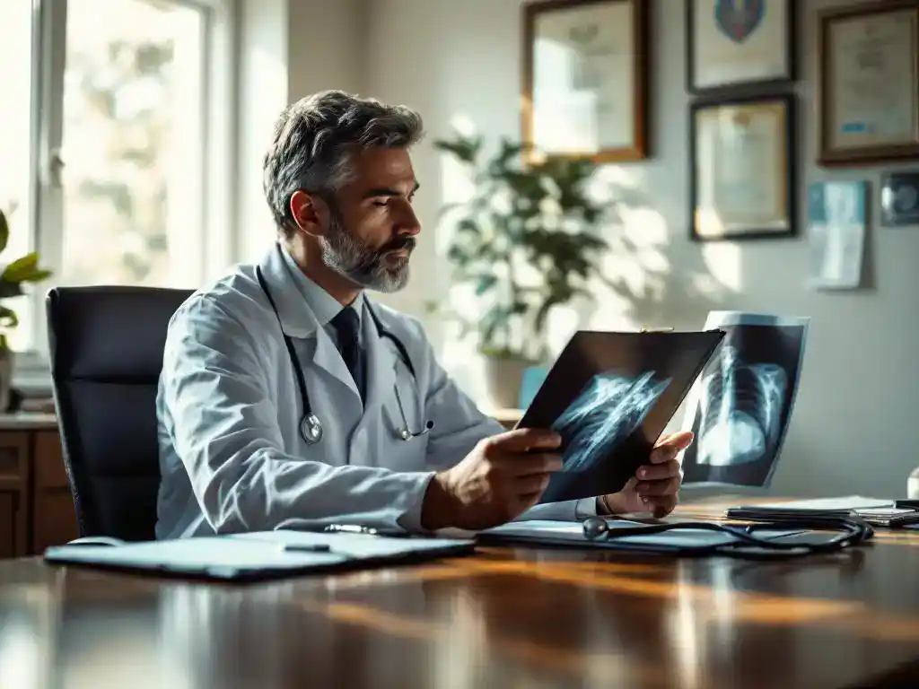 Doctor in white coat examining X-ray films at wooden desk with stethoscope and medical forms in bright office